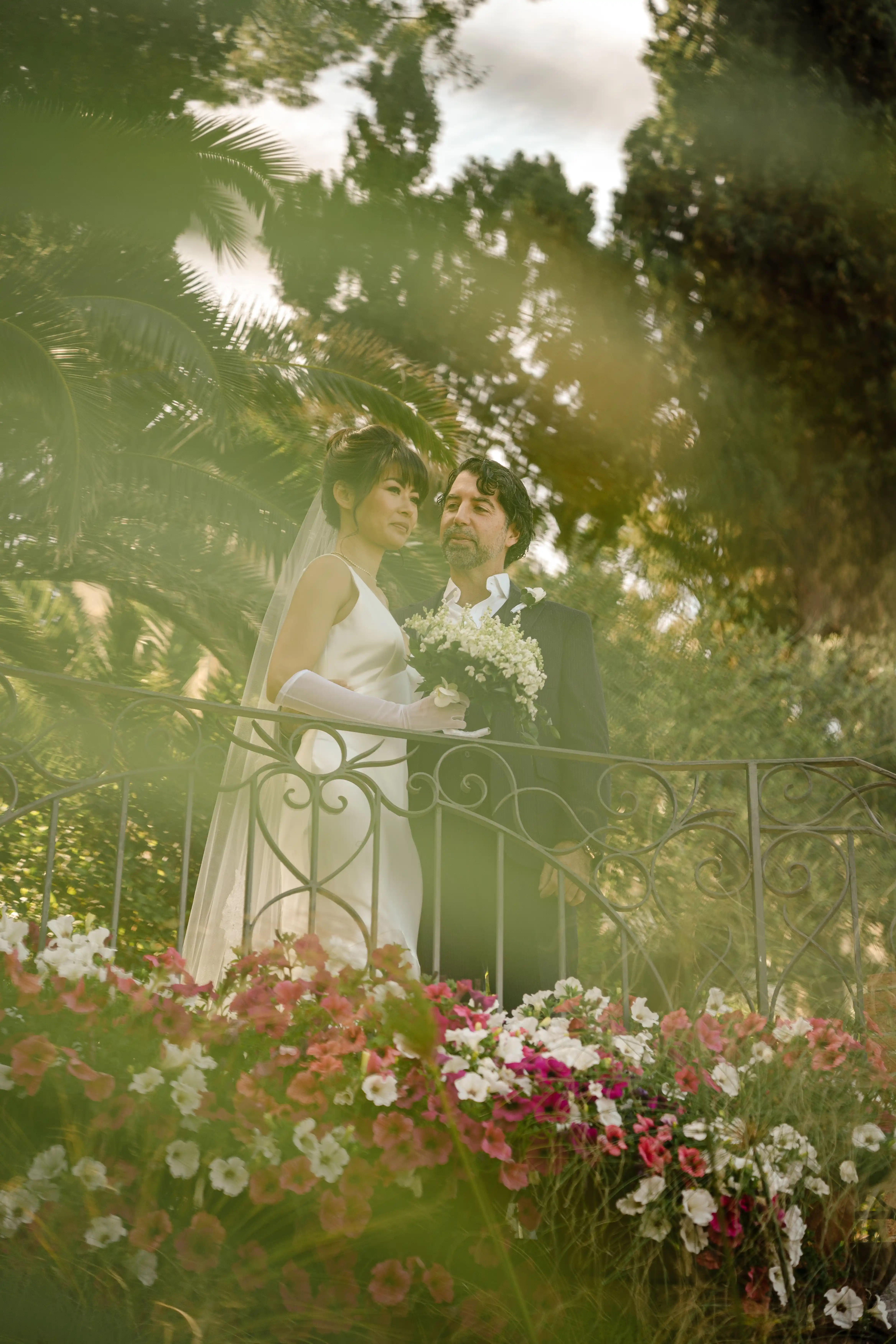 Romantic elopement couple portrait in lush Sicilian garden