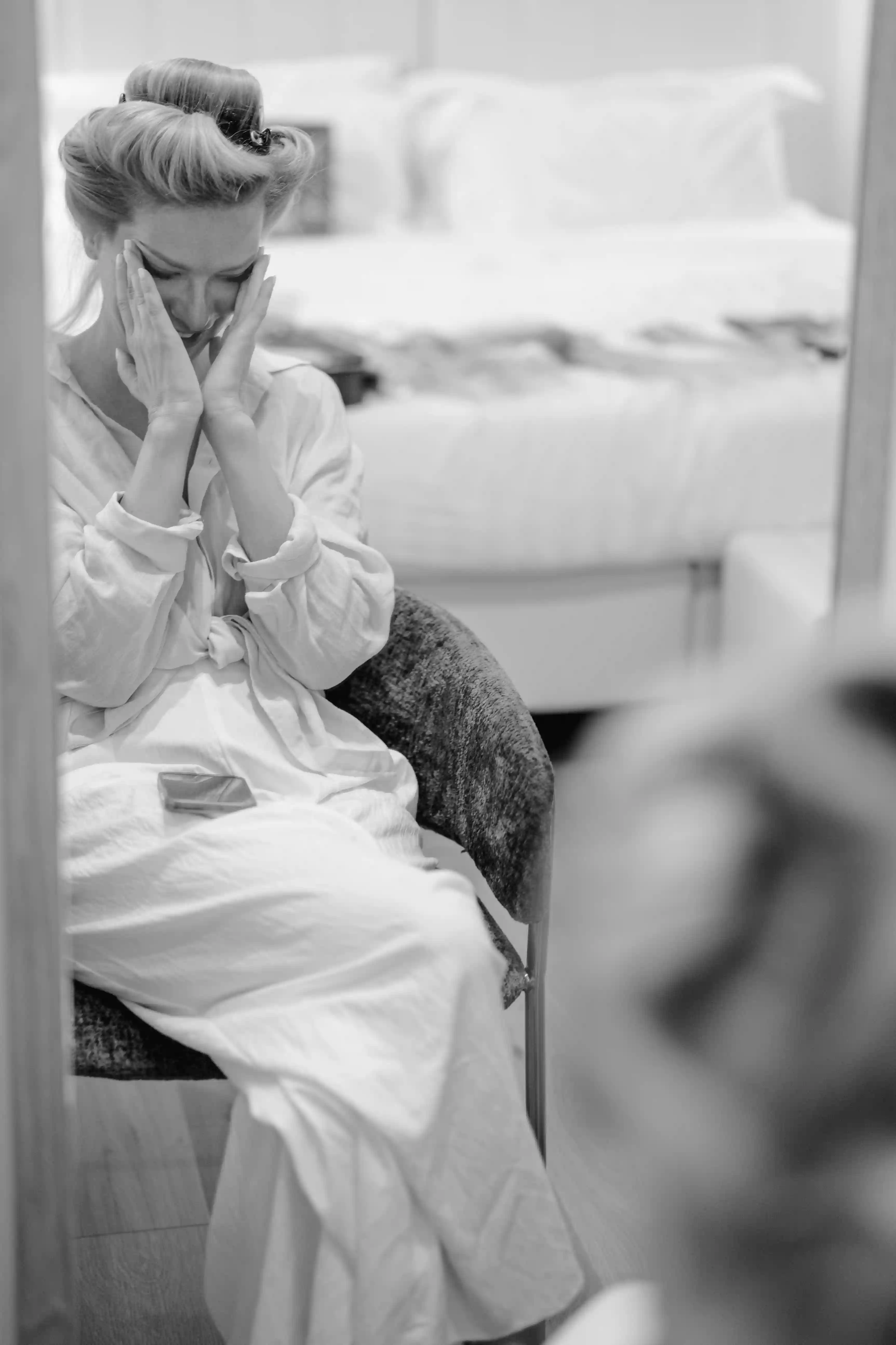 Emotional bride getting ready in a private room before elopement at Tenuta Calamuletti in Sicily